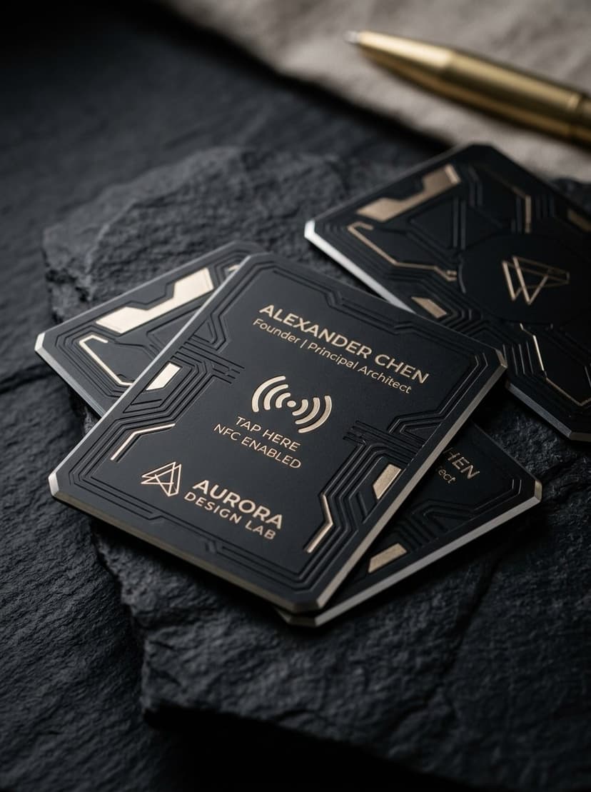 Matte black smart metal NFC card with gold debossed tap icon