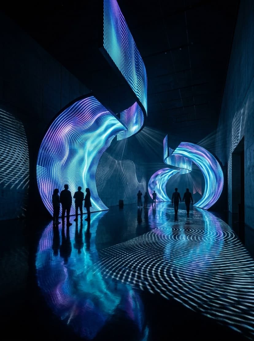 Curved LED spatial brand installation in modern art gallery