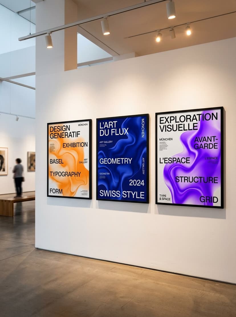 Museum-grade framed Swiss generative art posters on gallery wall